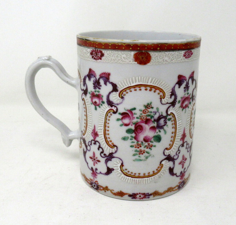 Antique Chinese Canton Porcelain Famille Rose Blue White Tankard Mug Qianlong 18th Cent