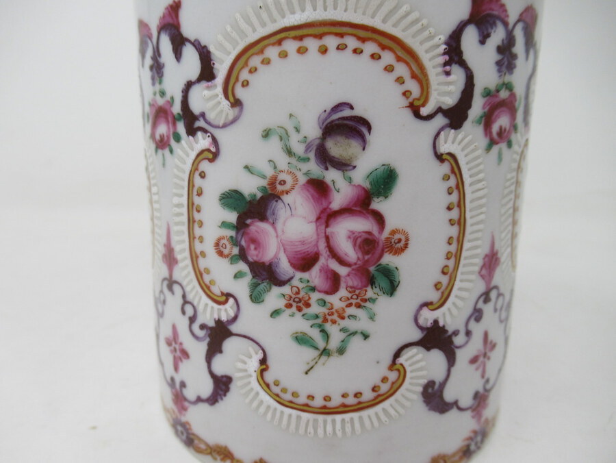 Antique Chinese Canton Porcelain Famille Rose Blue White Tankard Mug Qianlong 18th Cent