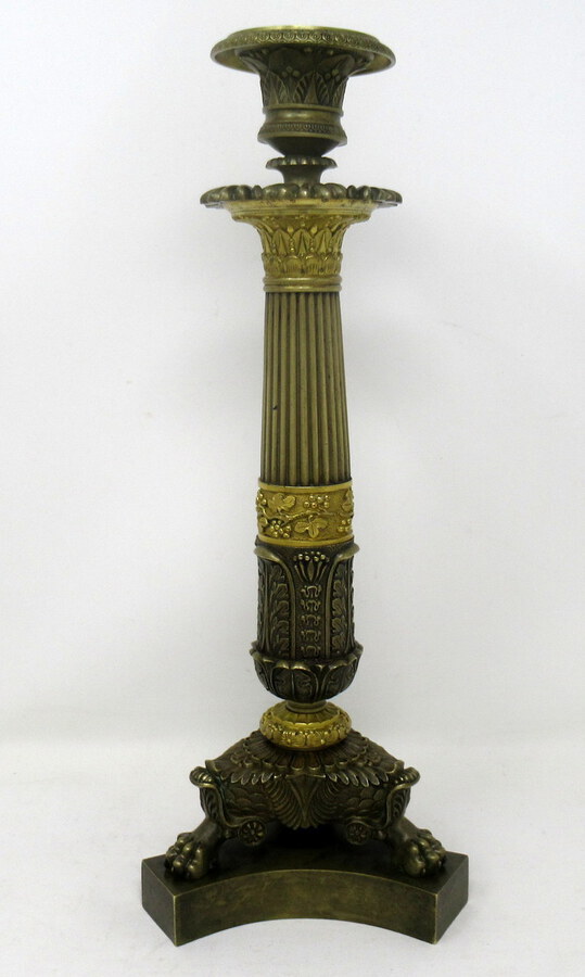 Antique Pair of Ormolu Patinated Bronze Acanthus Empire-Style Candlesticks, 19th Century