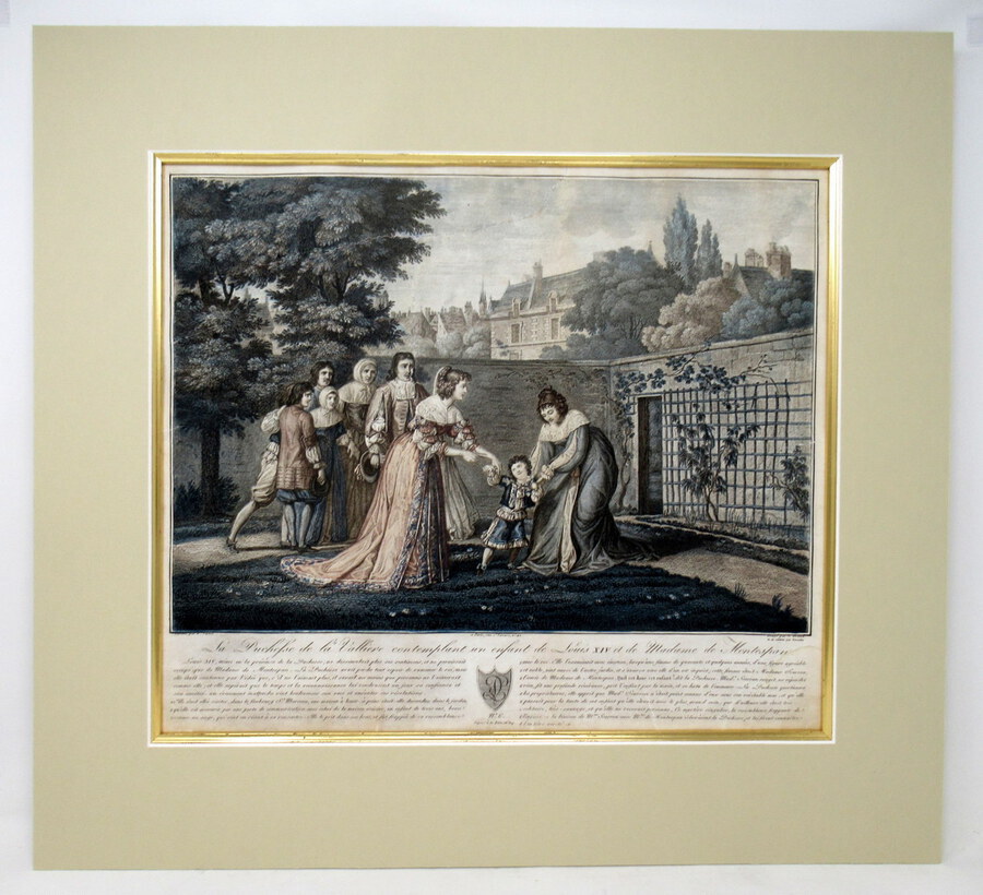 Antique Scene of Duchess of La Valliere and Louis XIV Antique French Colored Engraving