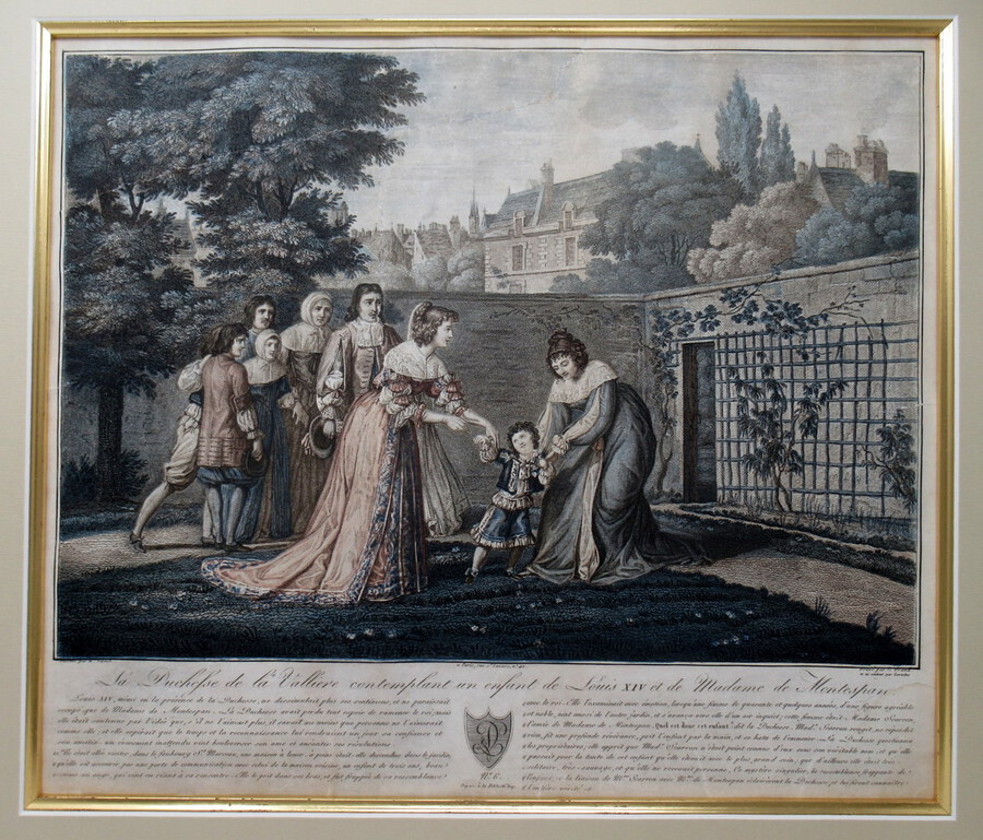 Antique Scene of Duchess of La Valliere and Louis XIV Antique French Colored Engraving