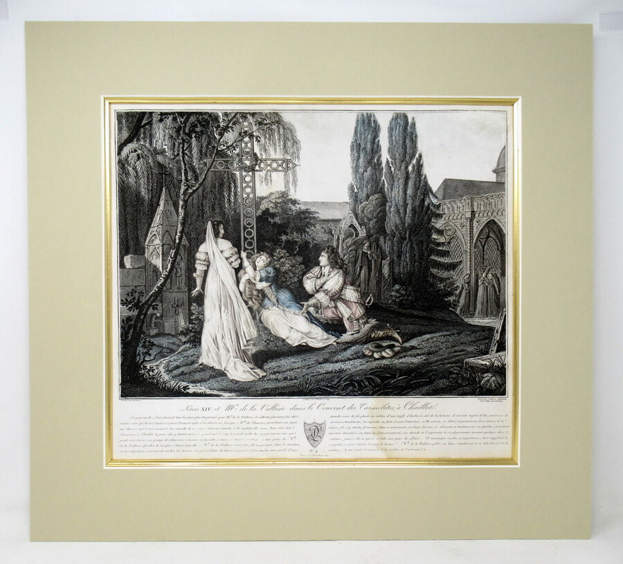 Antique Duchess of La Valliere and Louis XIV in Convent Antique French Colored Engraving