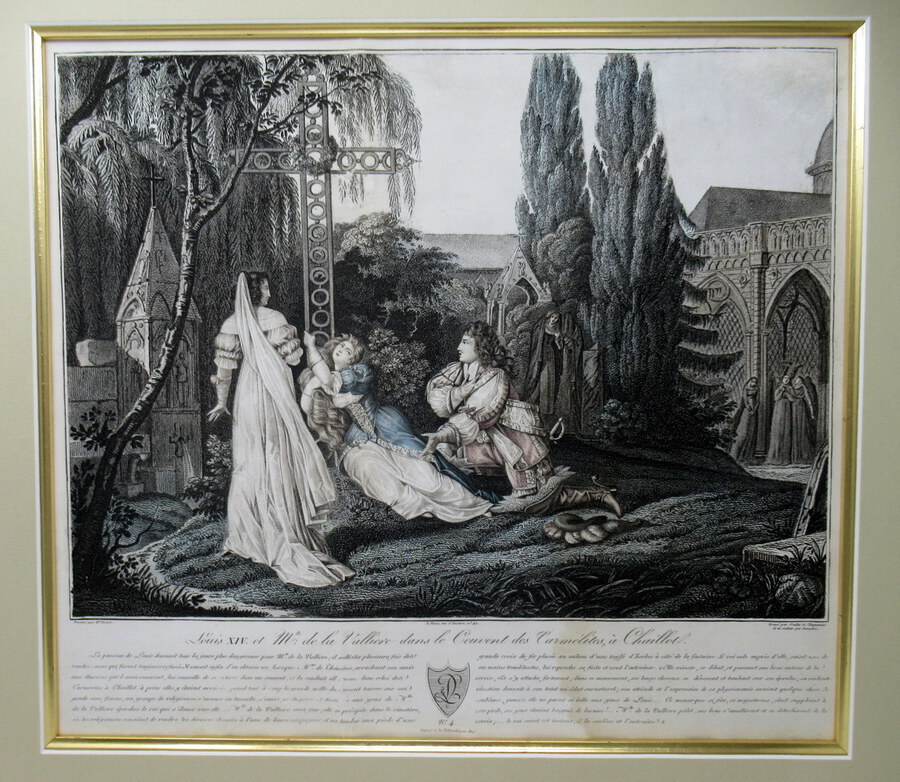 Antique Duchess of La Valliere and Louis XIV in Convent Antique French Colored Engraving