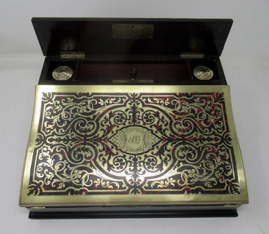 Antique Antique French Tortoiseshell Brass Inlaid Boulle Mahogany Writing Slope Box 19Ct