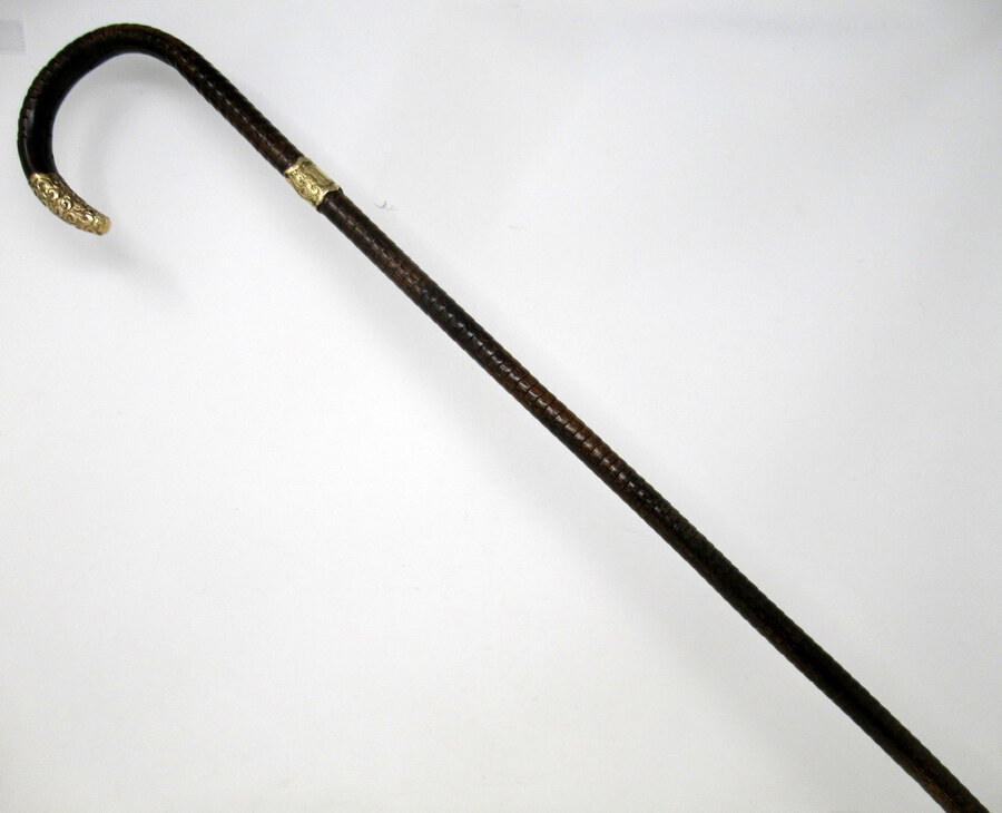 Antique Antique Vintage Partridgewood Wooden Walking Stick 18ct Gold Plated Grip Collar