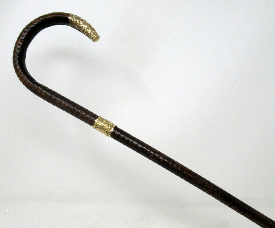 Antique Antique Vintage Partridgewood Wooden Walking Stick 18ct Gold Plated Grip Collar