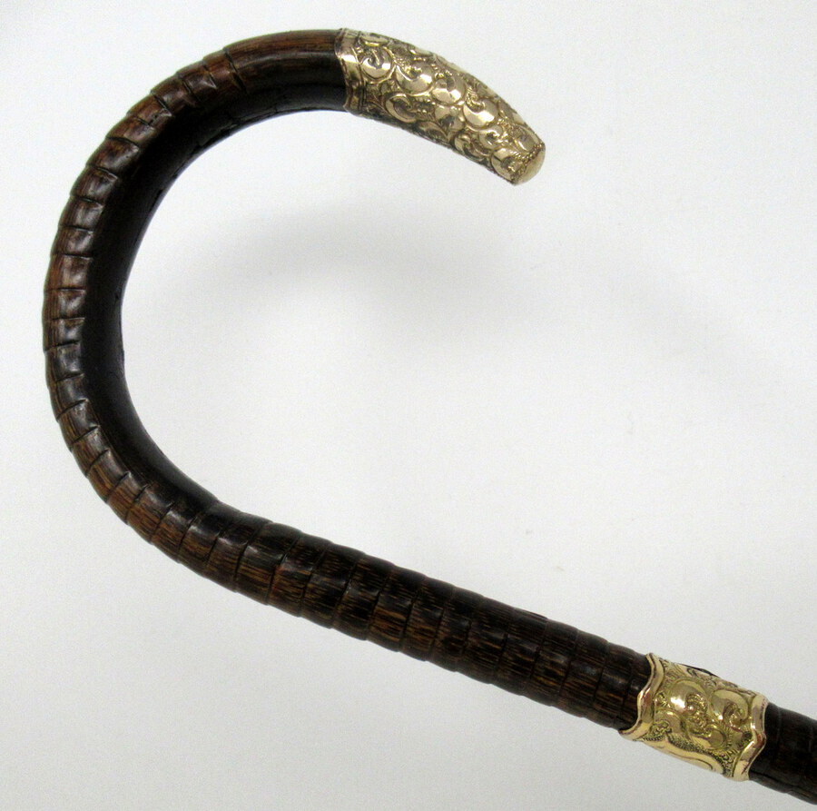 Antique Antique Vintage Partridgewood Wooden Walking Stick 18ct Gold Plated Grip Collar