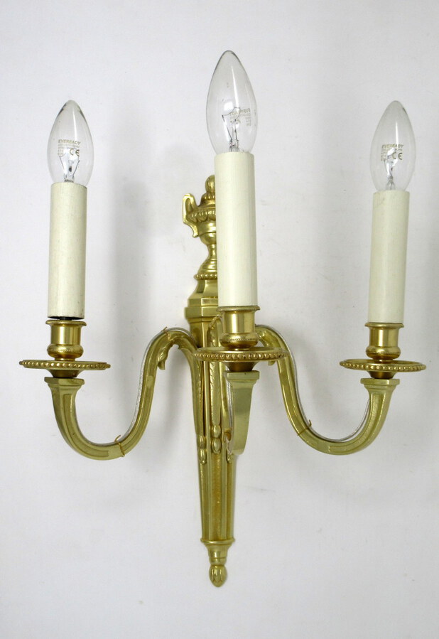 Antique Antique Pair of English Gilt Bronze Three Light Wall Candle Sconces 19th Century