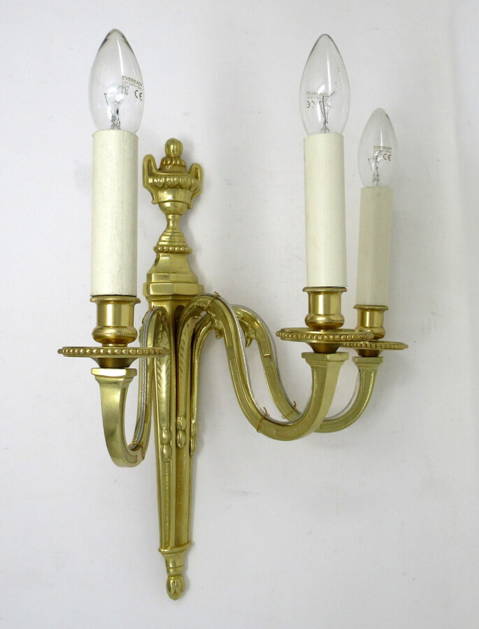 Antique Antique Pair of English Gilt Bronze Three Light Wall Candle Sconces 19th Century