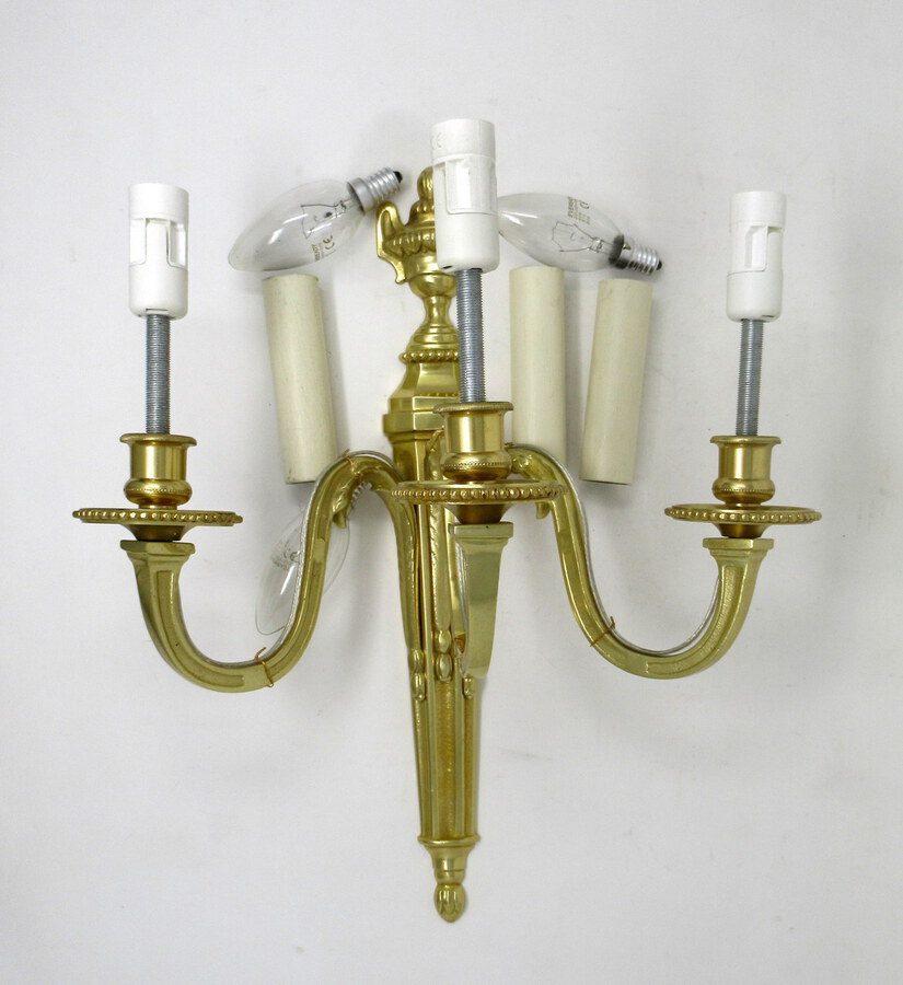 Antique Antique Pair of English Gilt Bronze Three Light Wall Candle Sconces 19th Century