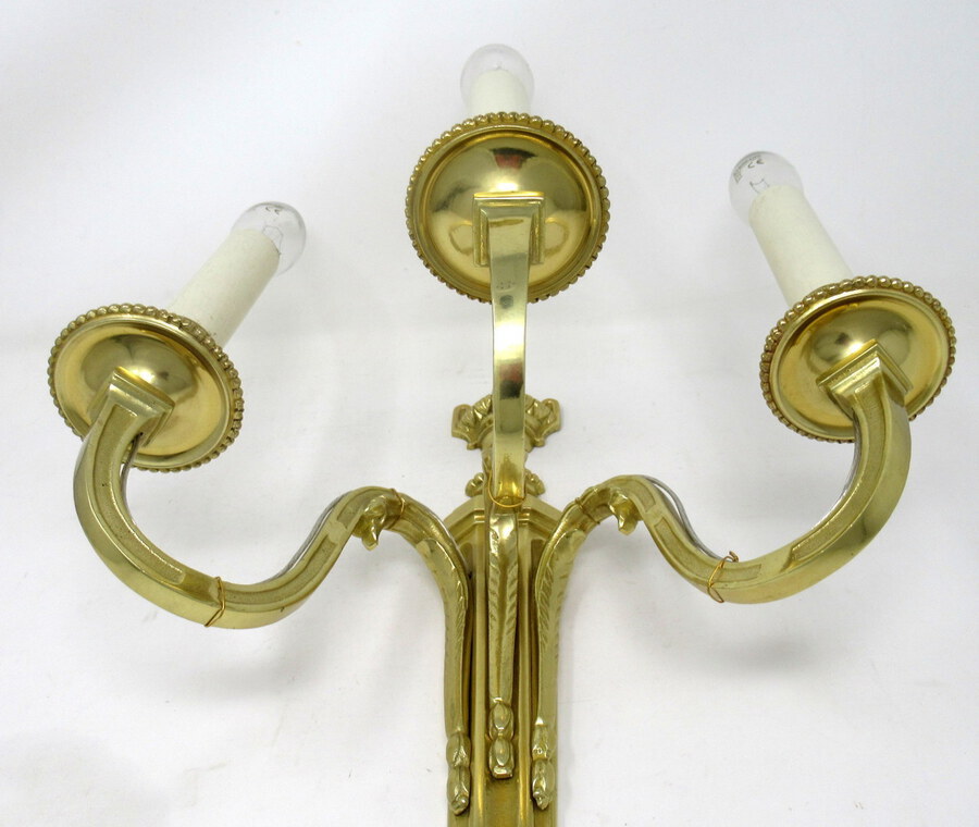 Antique Antique Pair of English Gilt Bronze Three Light Wall Candle Sconces 19th Century