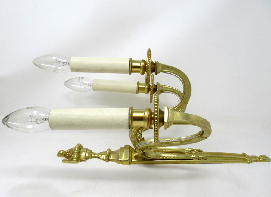 Antique Antique Pair of English Gilt Bronze Three Light Wall Candle Sconces 19th Century