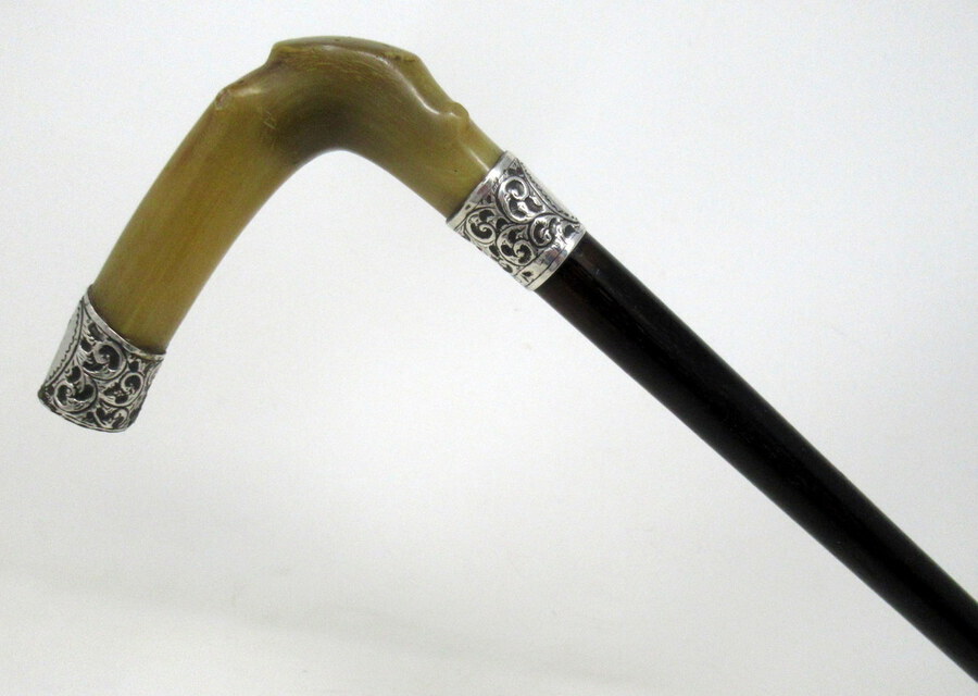 Antique Antique Walking Stick Cane Ebonised Sterling Silver Cow Horn Handle 1906