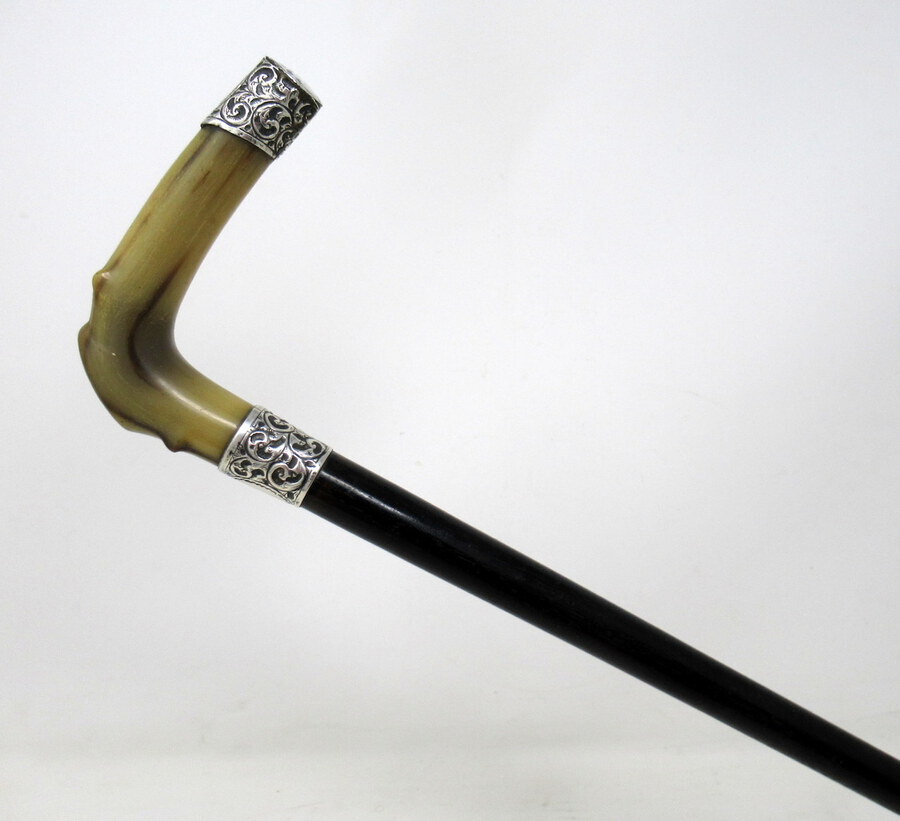 Antique Antique Walking Stick Cane Ebonised Sterling Silver Cow Horn Handle 1906