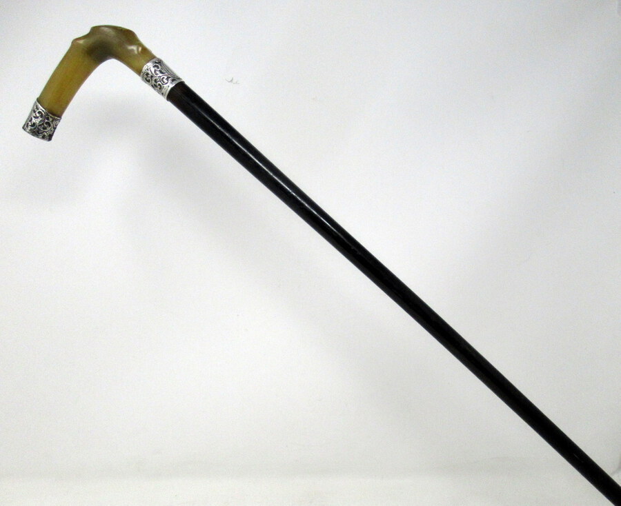 Antique Antique Walking Stick Cane Ebonised Sterling Silver Cow Horn Handle 1906