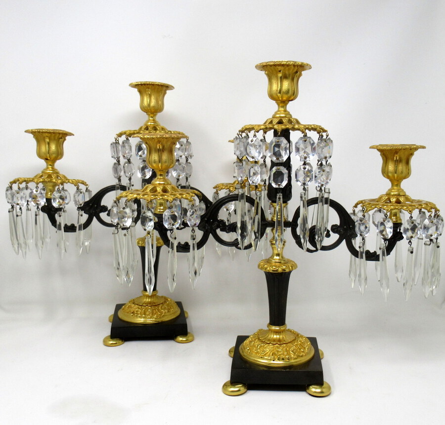 Antique Pair Antique Ormolu Bronze Dore Crystal Three Branch Candelabra French Lusters