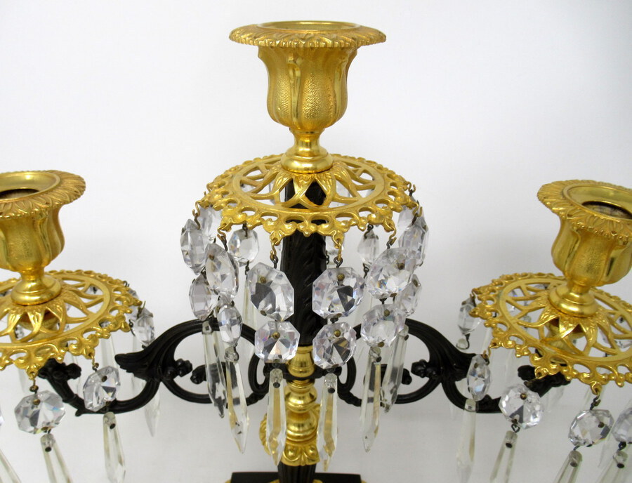 Antique Pair Antique Ormolu Bronze Dore Crystal Three Branch Candelabra French Lusters