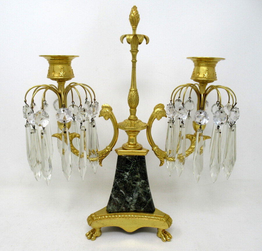 Antique Antique Pair Ormolu Bronze Marble Crystal Twin Branch Candelabra French Lusters