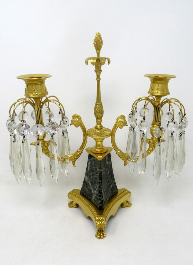Antique Antique Pair Ormolu Bronze Marble Crystal Twin Branch Candelabra French Lusters