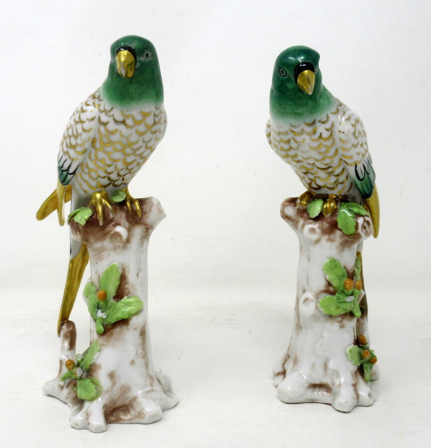 Antique Antique Pair Meissen Style Continental Parrots Birds Green Gilt 19th Century