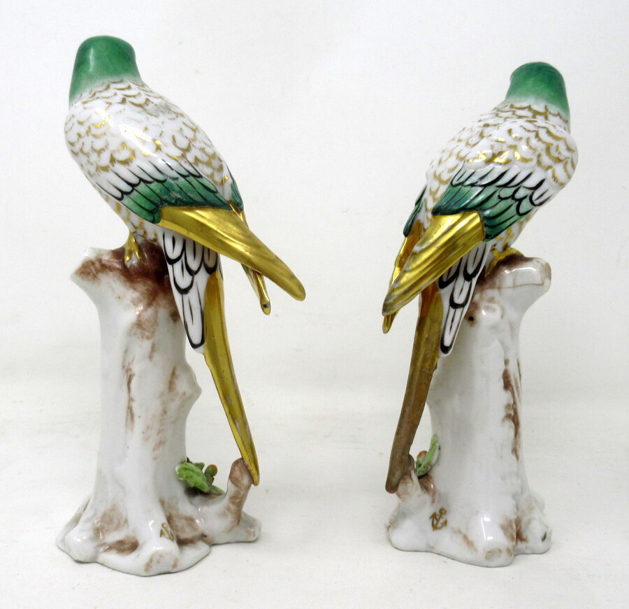 Antique Antique Pair Meissen Style Continental Parrots Birds Green Gilt 19th Century