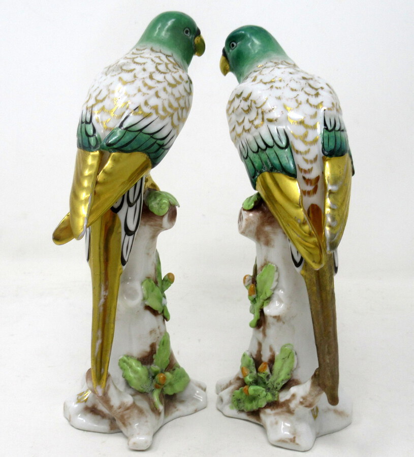 Antique Antique Pair Meissen Style Continental Parrots Birds Green Gilt 19th Century