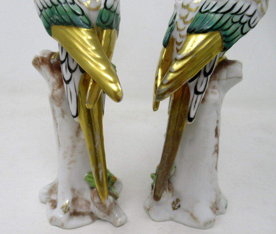 Antique Antique Pair Meissen Style Continental Parrots Birds Green Gilt 19th Century