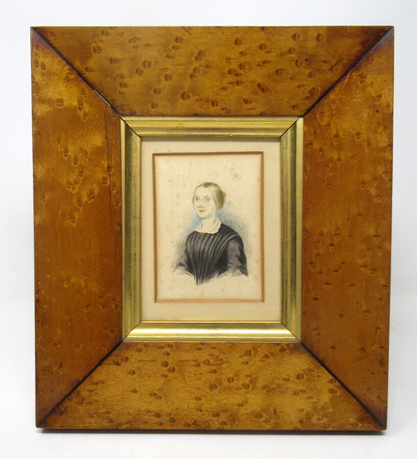 Antique Antique Miniature Pair Watercolour Paintings Portrait Lady Birds Eye Maple Frame