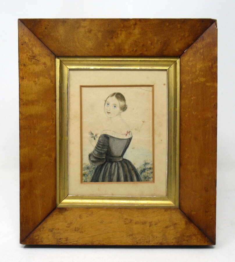 Antique Antique Miniature Pair Watercolour Paintings Portrait Lady Birds Eye Maple Frame