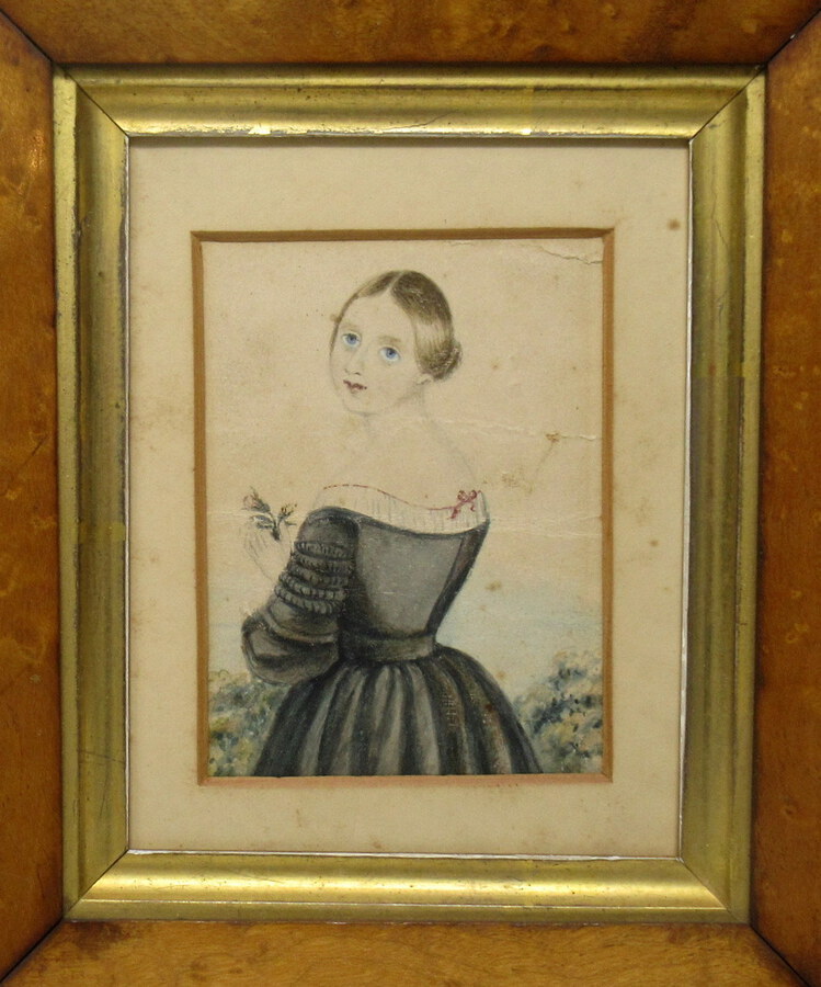 Antique Antique Miniature Pair Watercolour Paintings Portrait Lady Birds Eye Maple Frame