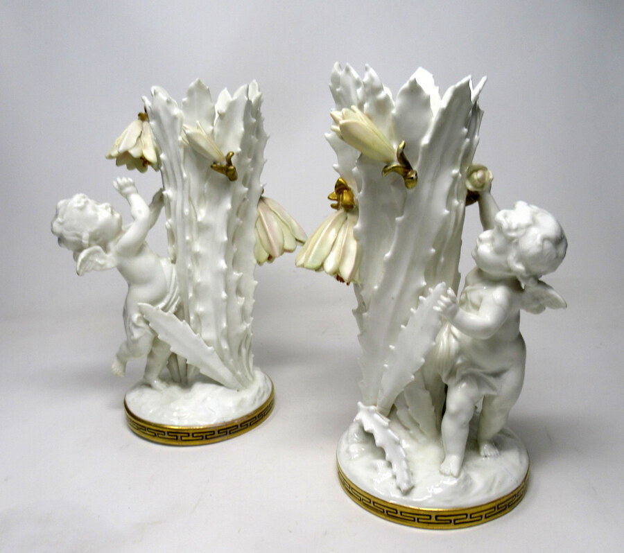 Antique Pair English Moore Brothers Porcelain Cream Gilt Cherub Vases Centerpieces 19thC