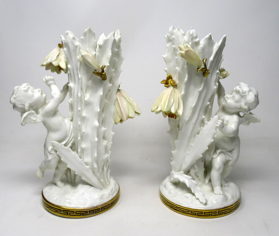 Antique Pair English Moore Brothers Porcelain Cream Gilt Cherub Vases Centerpieces 19thC