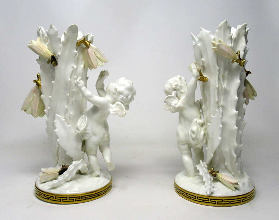 Antique Pair English Moore Brothers Porcelain Cream Gilt Cherub Vases Centerpieces 19thC