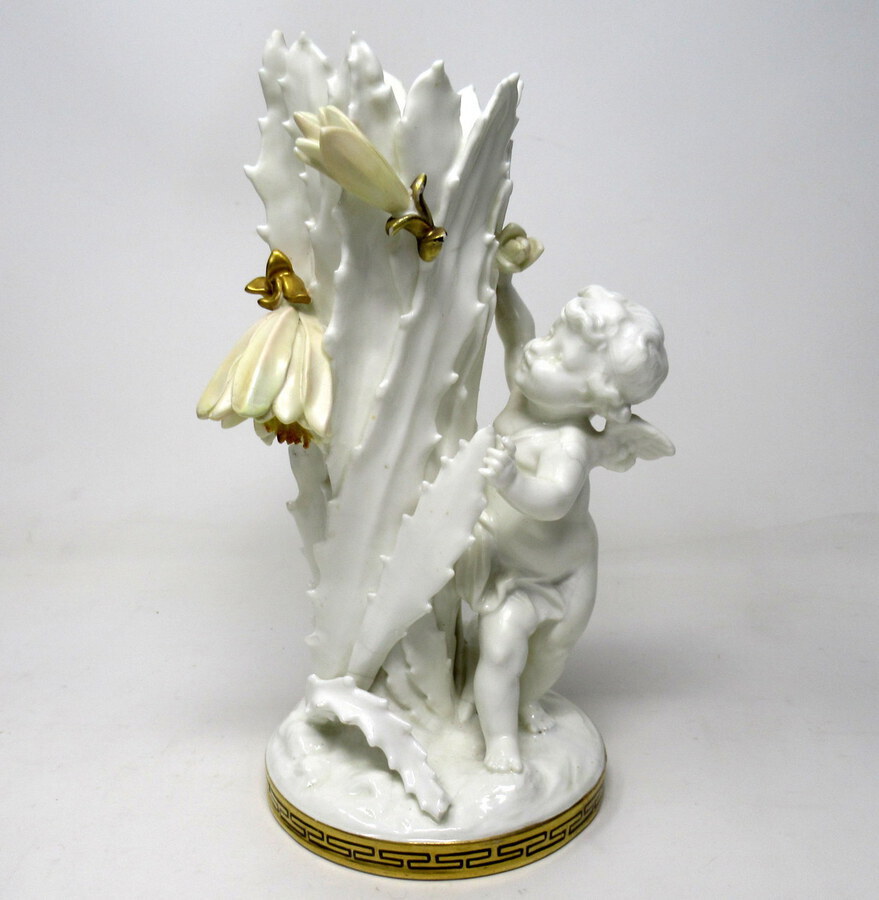 Antique Pair English Moore Brothers Porcelain Cream Gilt Cherub Vases Centerpieces 19thC