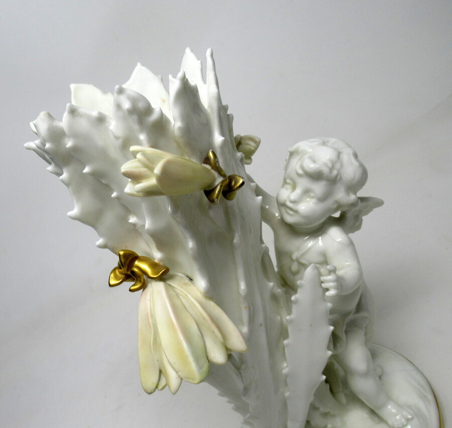 Antique Pair English Moore Brothers Porcelain Cream Gilt Cherub Vases Centerpieces 19thC