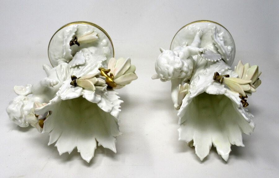 Antique Pair English Moore Brothers Porcelain Cream Gilt Cherub Vases Centerpieces 19thC