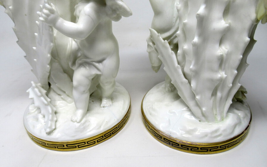 Antique Pair English Moore Brothers Porcelain Cream Gilt Cherub Vases Centerpieces 19thC