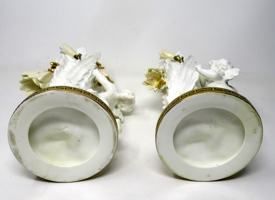 Antique Pair English Moore Brothers Porcelain Cream Gilt Cherub Vases Centerpieces 19thC