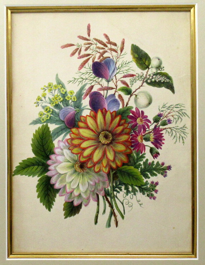 Antique  Antique Vintage English Watercolor Painting Still Life of Flowers Gilt Circa 1900 