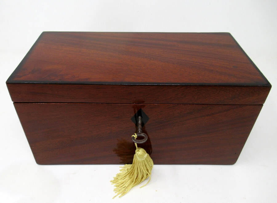 Antique Antique Ebony Inlaid Flame Mahogany English Double Tea Caddy Box Regency 19 Cent 