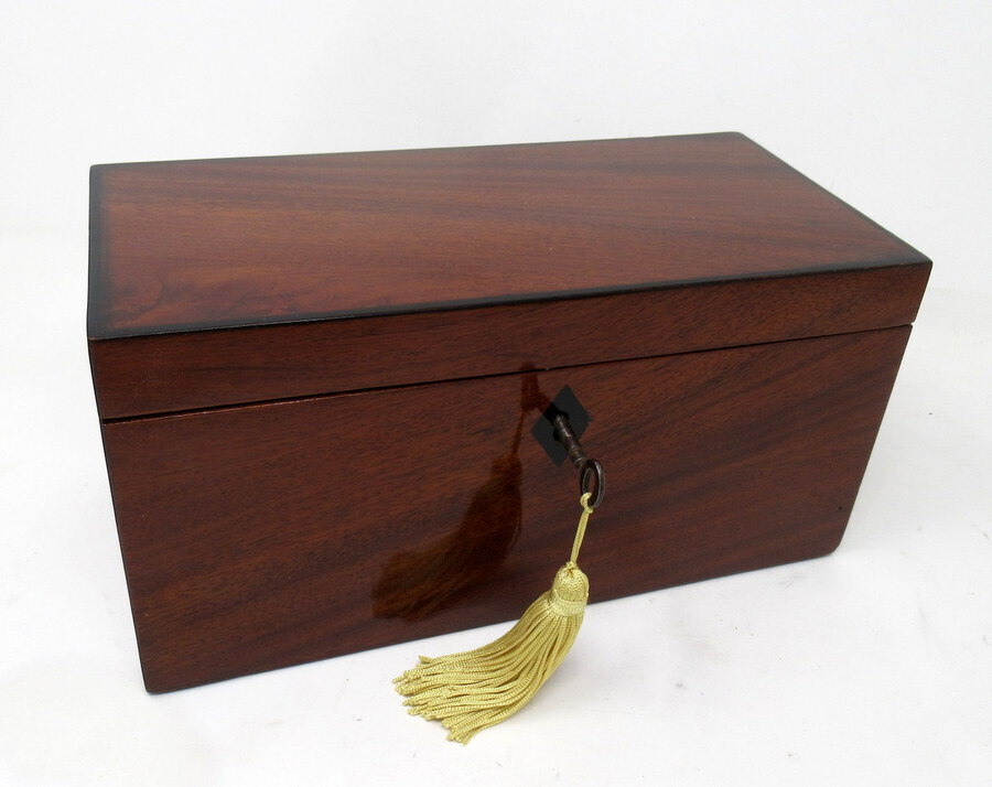 Antique Antique Ebony Inlaid Flame Mahogany English Double Tea Caddy Box Regency 19 Cent 