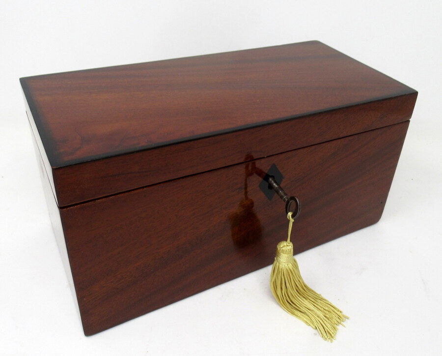 Antique Antique Ebony Inlaid Flame Mahogany English Double Tea Caddy Box Regency 19 Cent 