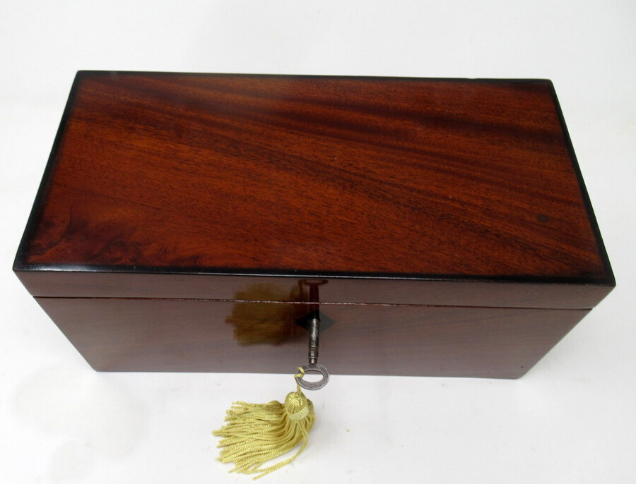 Antique Antique Ebony Inlaid Flame Mahogany English Double Tea Caddy Box Regency 19 Cent 