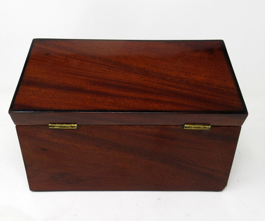 Antique Antique Ebony Inlaid Flame Mahogany English Double Tea Caddy Box Regency 19 Cent 