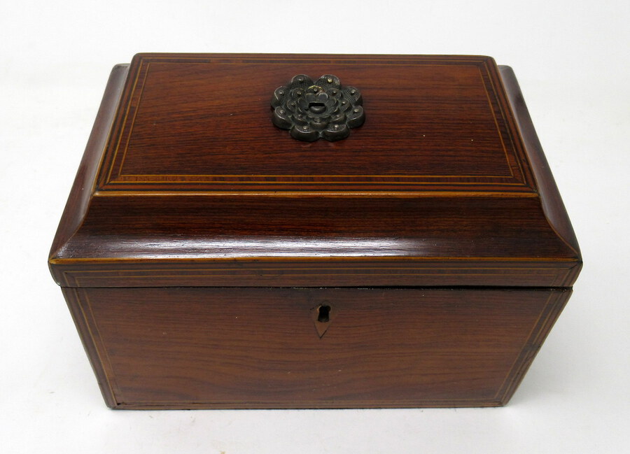 Antique Antique Inlaid Flame Mahogany Pagoda English Double Tea Caddy Box Late Regency 