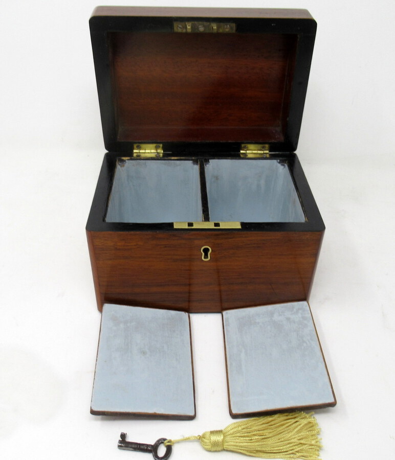 Antique Antique Satinwood Inlaid Flame Mahogany English Double Tea Caddy Box Victorian 