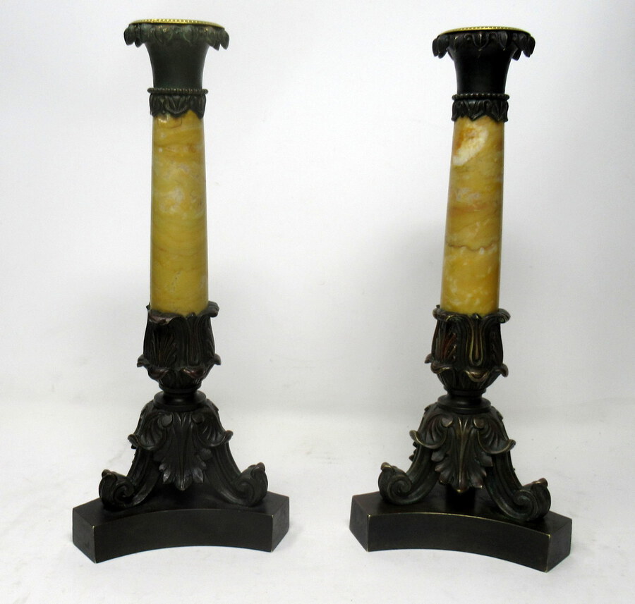 Antique Antique Pair Grand Tour French Bronze Dore Sienna Marble Ormolu Candlesticks 19th Century