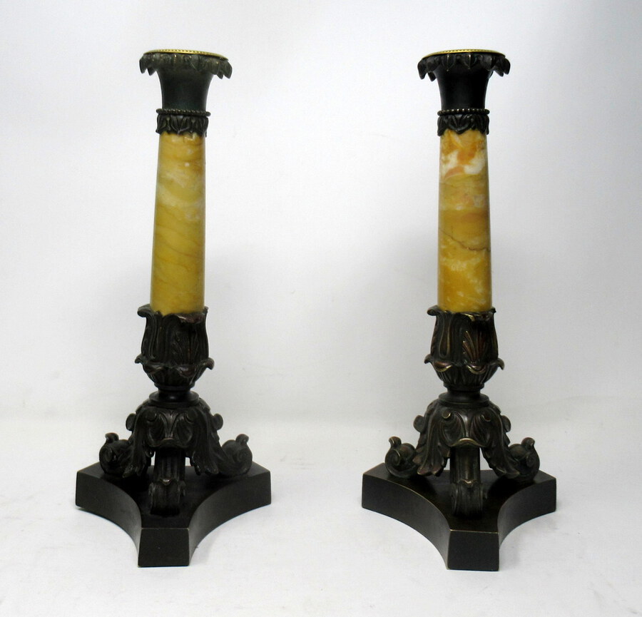 Antique Antique Pair Grand Tour French Bronze Dore Sienna Marble Ormolu Candlesticks 19th Century