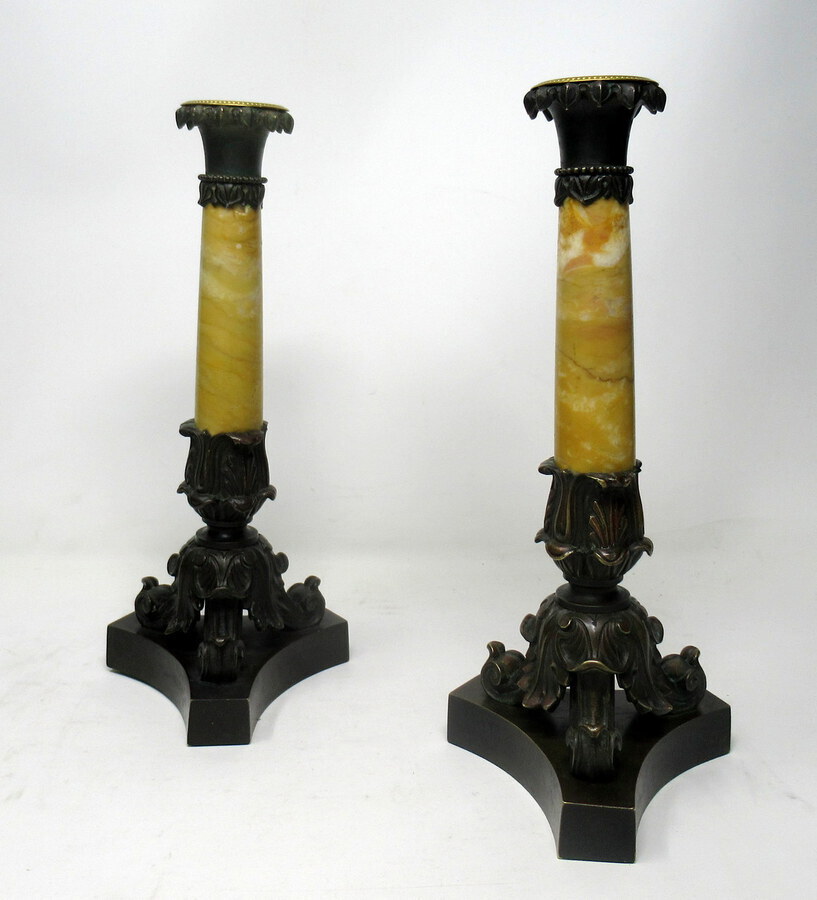 Antique Antique Pair Grand Tour French Bronze Dore Sienna Marble Ormolu Candlesticks 19th Century