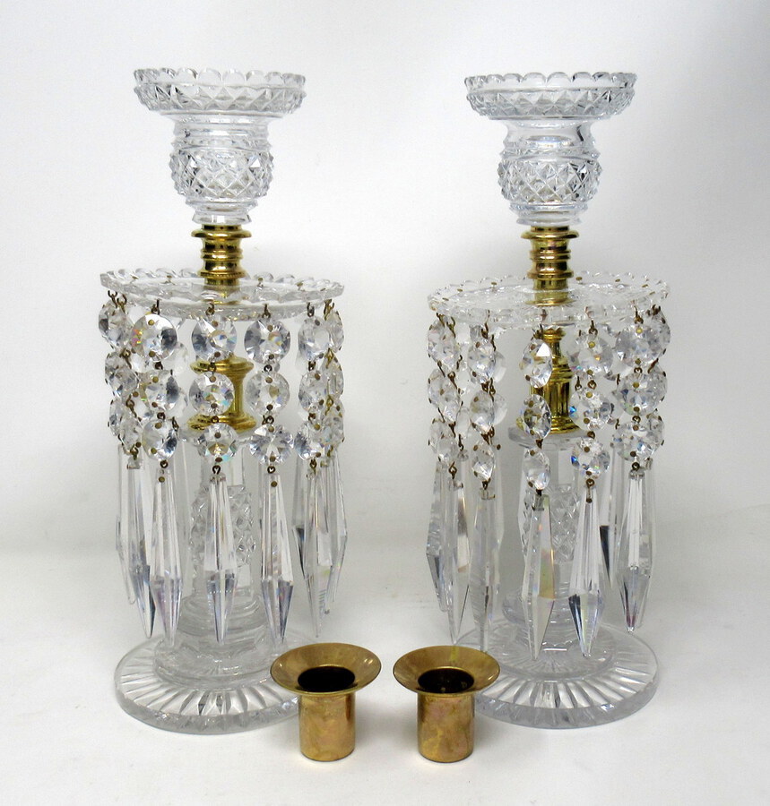 Antique Pair English Regency Ormolu Bronze Candlesticks Crystal Lustres atrb John Blades